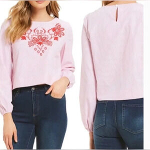NWT Daniel Cremieux Embroidered Pink Long Sleeve Cropped Blouse Size XS